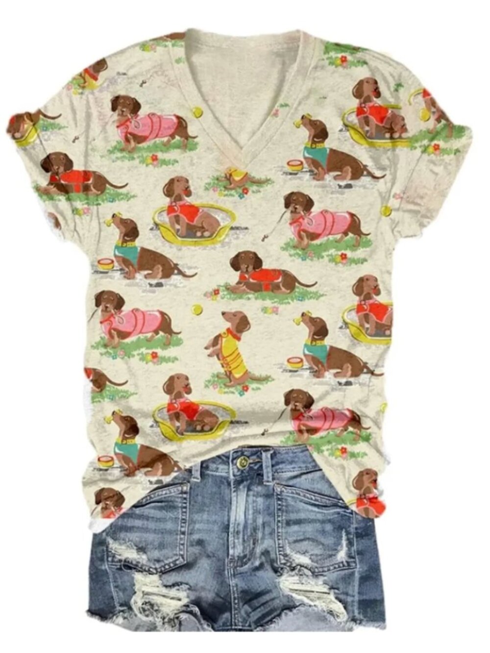Dachshund V- Nack Tee Casual Colorful Animal Print Doxie Girlhoodcore Puppy Dog